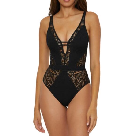 NWT BECCA Women's Black Color Play Plunge Neck One Piece Swimsuit Size M - Picture 1 of 9